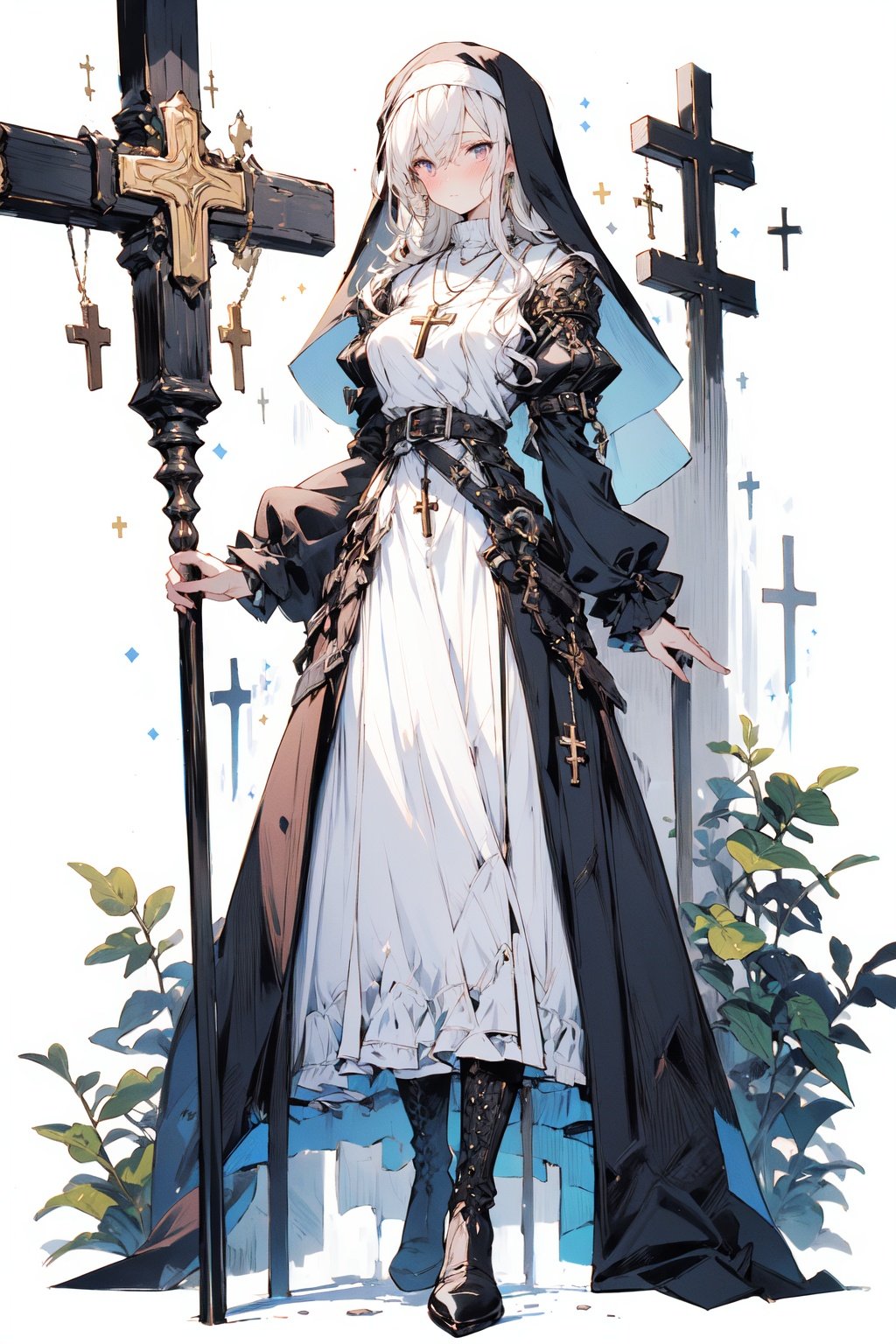 [(white background:1.5)::5], (imid shot:0.95), (full body:1.25),(masterpiece:1.2), best quality,game cg,1girl, solo, long hair, full body, dress, staff, white background, looking at viewer, nun, long sleeves, simple background, boots, holding, standing, cross, breasts, bangs, jewelry, black dress, long dress, holding staff, purple eyes, black footwear, white hair, habit, closed mouth, blush, necklace, cross necklace, veil, hand up, medium breasts, puffy sleeves<lora:fantasy_20230707233406-000012:0.9>