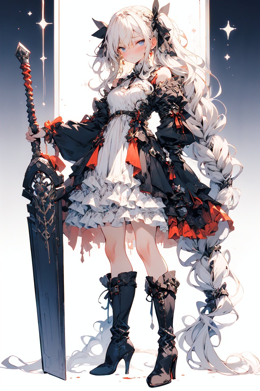 [(white background:1.5)::5],(masterpiece:1.2), best quality,game cg,1girl, solo, dress, high heels, blue eyes, long hair, long sleeves, braid, full body, white hair, black footwear, looking at viewer, standing, boots, high heel boots, bangs, ribbon, frills, black dress, puffy sleeves, bow, black ribbon, closed mouth, hair ribbon, blush, black bow, sleeves past wrists, white dress, layered dress, wide sleeves <lora:fantasy_20230707233406-000012:1>