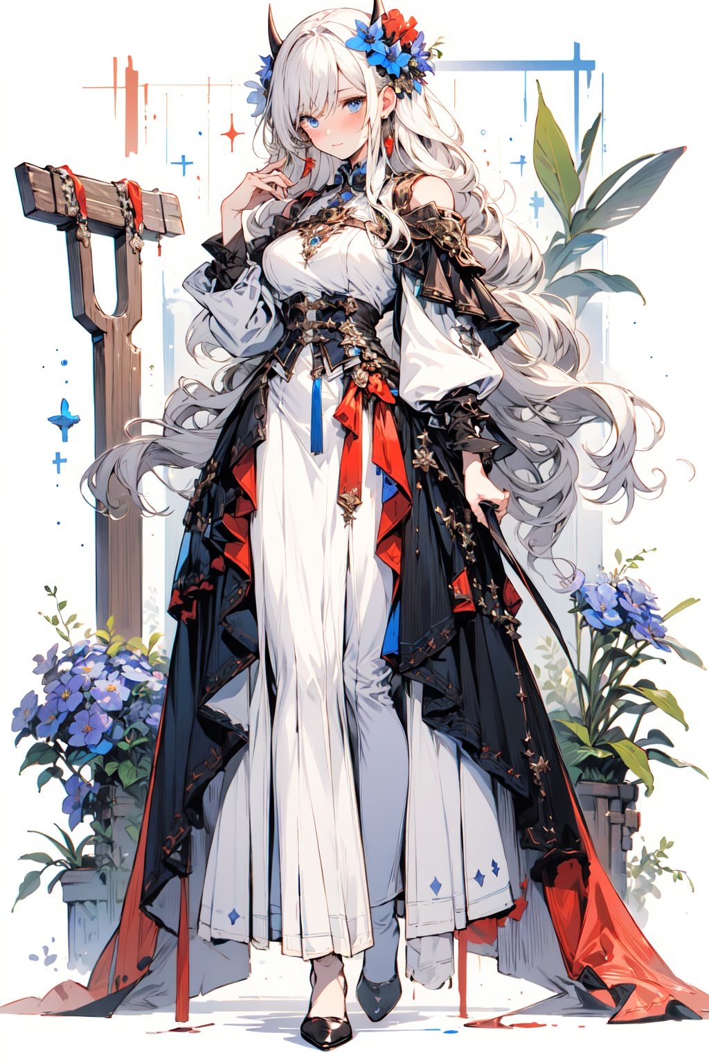 [(white background:1.5)::5], (imid shot:0.95), (full body:1.25),(masterpiece:1.2), best quality,game cg,1girl, long hair, blue eyes, hair ornament, looking at viewer, hair flower, white hair, flower, jewelry, earrings, very long hair, horns, tassel, long sleeves, solo, breasts, bangs, holding, feet out of frame, closed mouth, floral print, standing, outdoors, medium breasts, blue flower, hand fan, blush, building<lora:fantasy_20230707233406-000012:0.9>