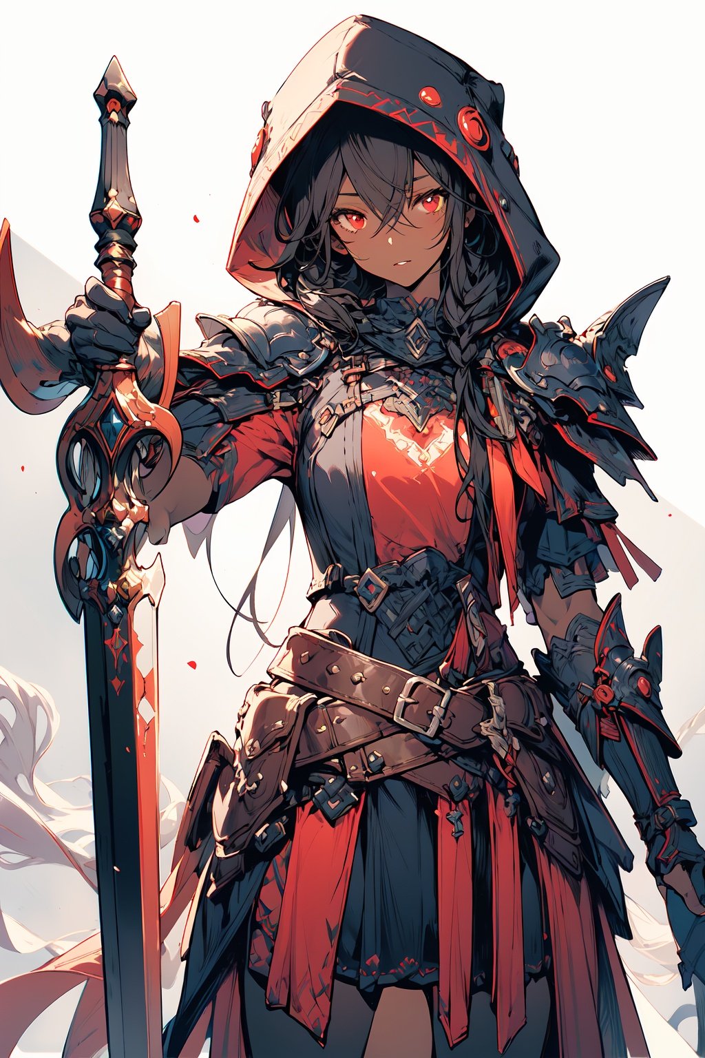 [(white background:1.5)::5],(masterpiece:1.2), best quality,game cg,1girl, weapon, solo, red eyes, hood, black hair, outdoors, looking at viewer, dark skin, dark-skinned female, breasts, standing, long hair, belt, scabbard, bangs, hood up, shoulder armor, closed mouth, sheathed, <lora:fantasy_20230707233406-000012:1>