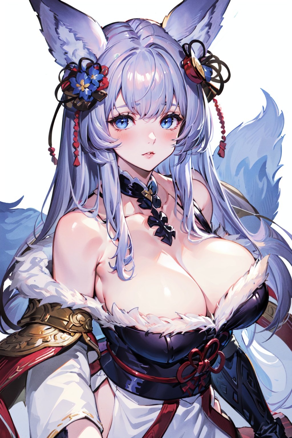 (masterpiece:1.2), best quality,pixiv, soft,1girl, erune, breasts, solo, animal ears, long hair, blue eyes, hair ornament, cleavage, white background, looking at viewer, collarbone, simple background, sideboob, detached sleeves, fur trim, upper body, large breasts, bangs, fox ears, sideless outfit, blush<lora:soft_20230707135603-000018:0.9>