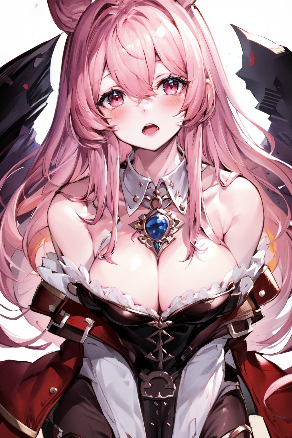 (masterpiece:1.2), best quality,pixiv, soft,1girl, breasts, solo, long hair, cleavage, looking at viewer, red eyes, white background, upper body, simple background, pink hair, hair between eyes, medium breasts, blush, open mouth, bangs, jewelry, detached collar, :o, brooch <lora:soft_20230707135603-000018:1>