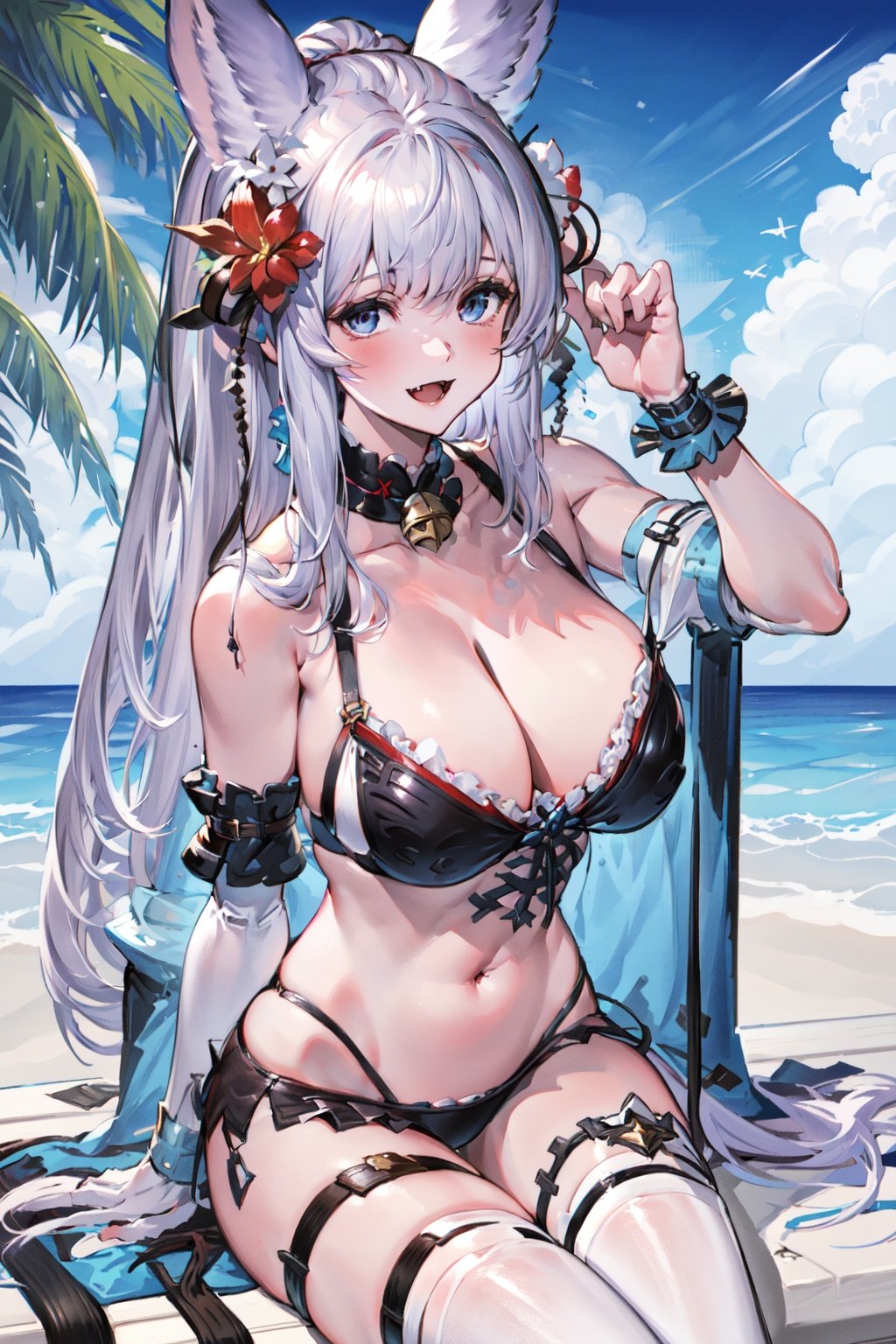 (masterpiece:1.2), best quality,pixiv, soft,multiple girls, 2girls, breasts, animal ears, tail, yuel (granblue fantasy), hair ornament, swimsuit, long hair, bikini, blue eyes, large breasts, smile, looking at viewer, erune, cleavage, fox shadow puppet, hair flower, flower, fox ears, red eyes, open mouth, fox tail, black bikini, bangs, black hair, outdoors, bell, sitting, blush, fang, bare shoulders, navel, hair bell, white bikini, day, ponytail, white hair, beach, jingle bell, closed mouth, ocean <lora:soft_20230707135603-000018:1>