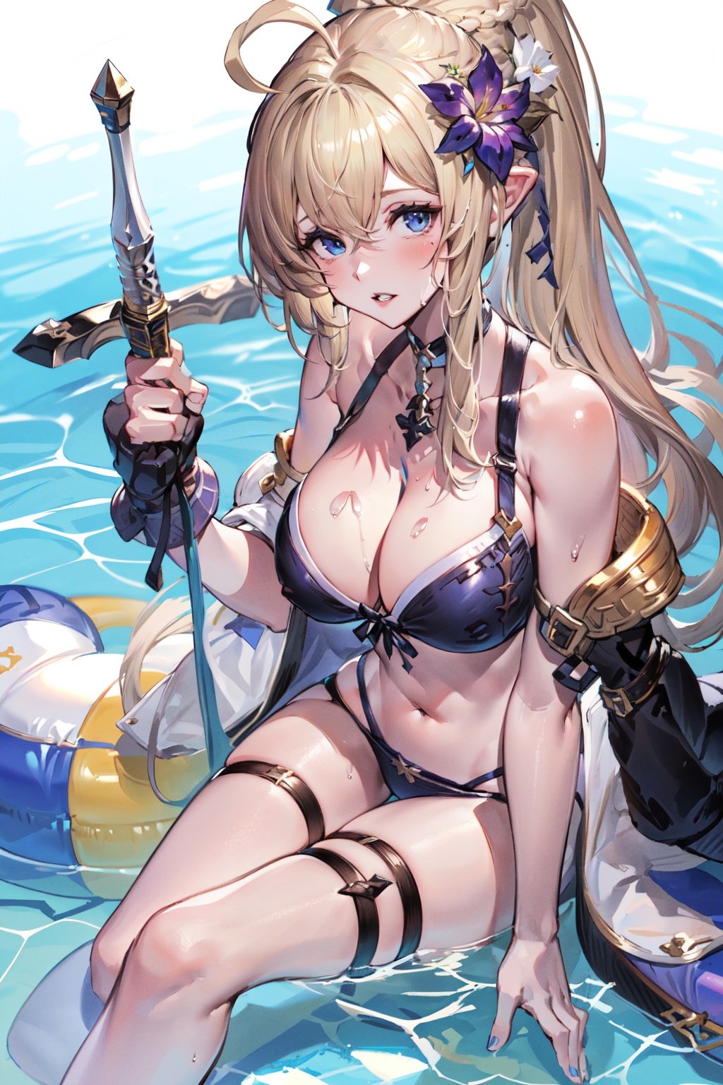 (masterpiece:1.2), best quality,pixiv, soft,jeanne d'arc (granblue fantasy), 1girl, breasts, solo, swimsuit, blonde hair, bikini, flower, long hair, hair ornament, hair flower, looking at viewer, blue eyes, official alternate costume, sitting, cleavage, see-through, ponytail, sword, ahoge, large breasts, bare shoulders, water, bangs, purple bikini, parted lips, weapon, hairband, nail polish, shiny, very long hair, purple nails, blush, shiny hair, collarbone, wet<lora:soft_20230707135603-000018:0.9>