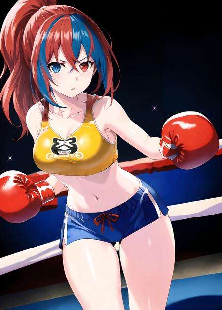 extremely detailed CG unity 8k wallpaper, official art,Alear_F, thick thighs, boxing ring, pony tail, red hair, blue hair, streaked hair, two-tone hair, red eyes, blue eyes, heterochromia, yellow crop top, crop top, crop top overhang, boxing, boxing shoes, perfectly shaded boxing gloves, collarbone, fighting stance, looking at viewer, serious, crowd<lora:Alear_Test_Feb10_8_128_704_TE00012:1>