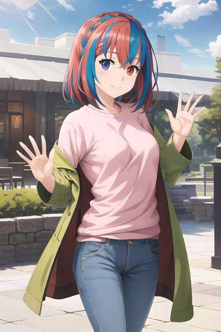 masterpiece, best quality, official art, aged up Alear_F, solo, medium hair, crown braid, jeans, open coat, green coat, heterochromia, waving, outdoors, pink shirt<lora:Alear_Test_Feb10_8_128_704_TE00012:1>