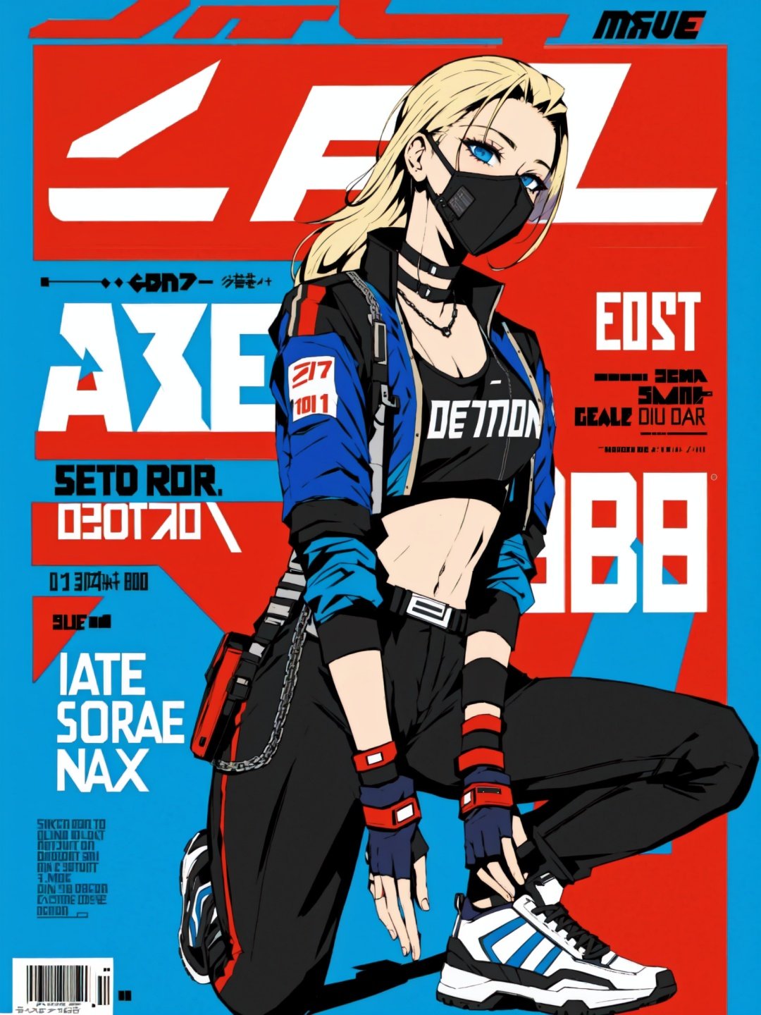 Defaults17Style, solo, gloves, blonde hair, fingerless gloves, red background, magazine cover, blue eyes, mask, 1girl, shoes, barcode, sneakers, pants, cropped jacket, black gloves, english text, crop top, mouth mask, looking at viewer, cover, midriff, belt, squatting, chain, full body, fake cover, jacket, black pants