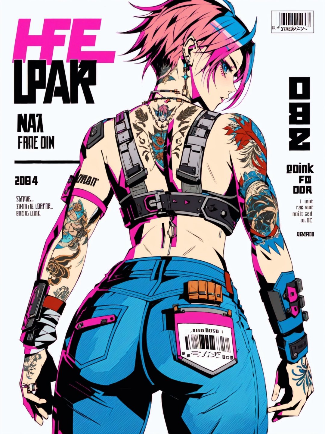 Defaults17Style, 1girl, pink hair, tattoo, magazine cover, solo, pants, fake cover, english text, ear piercing, torn pants, piercing, barcode, cover, denim, back tattoo, arm tattoo, torn clothes, from behind, blue eyes, bandages, looking at viewer, ass, looking back, jeans, short hair, multicolored hair, vi (league of legends), chain, standing, jewelry, shoulder tattoo, earrings, back, bandaged arm, belt, cyberpunk, undercut, character name, cowboy shot
