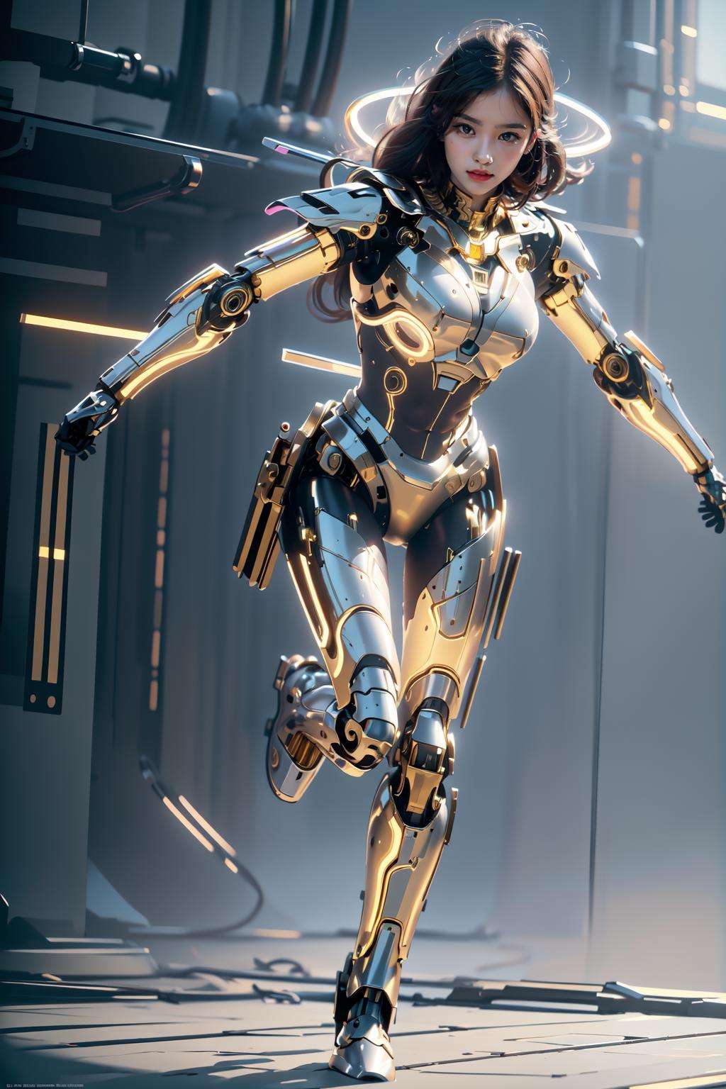 masterpiece,(best quality:1.3),ultra high res,raw photo,detailed skin,beautiful lighting,(realistic, photo-realistic:1.4),1girl,mecha,full body <lora:Mechav2_1.0:1>  ,Movement,  <lora:BlessedTech:0.7>,blessedtech