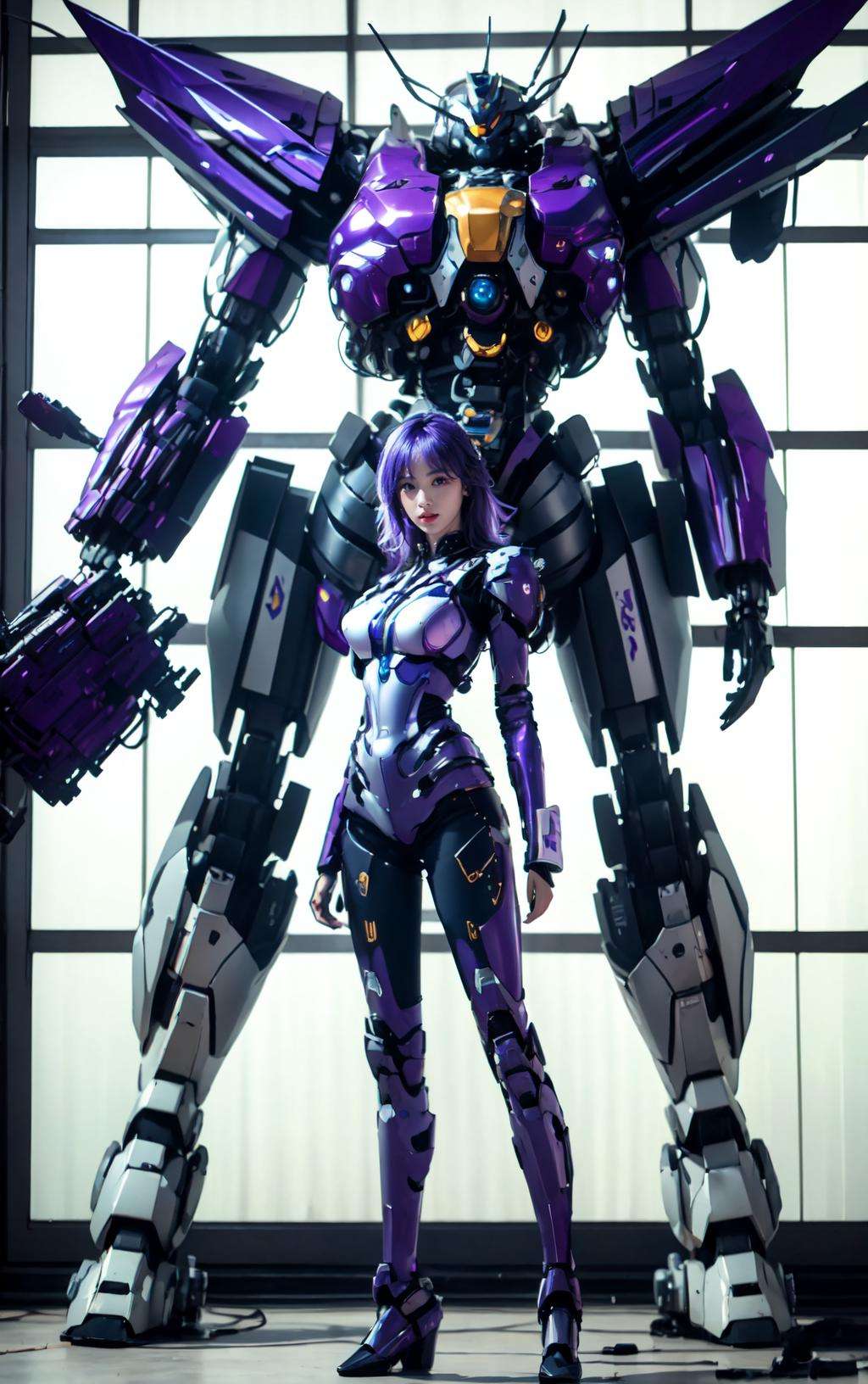 masterpiece,(best quality:1.3),ultra high res,raw photo,detailed skin,beautiful lighting,(realistic, photo-realistic:1.4),1girl,<lora:SuperMechaV5:1>,full body,The background is a mecha,Blue Mecha,(Purple Hair:1.3),