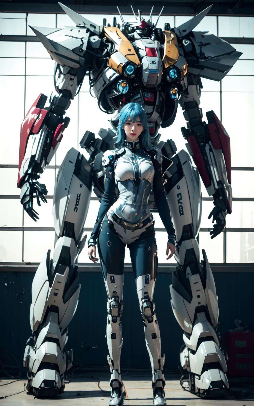 masterpiece,(best quality:1.3),ultra high res,raw photo,detailed skin,beautiful lighting,(realistic, photo-realistic:1.4),1girl,<lora:SuperMechaV5:1>,full body,The background is a mecha,blue Hair,