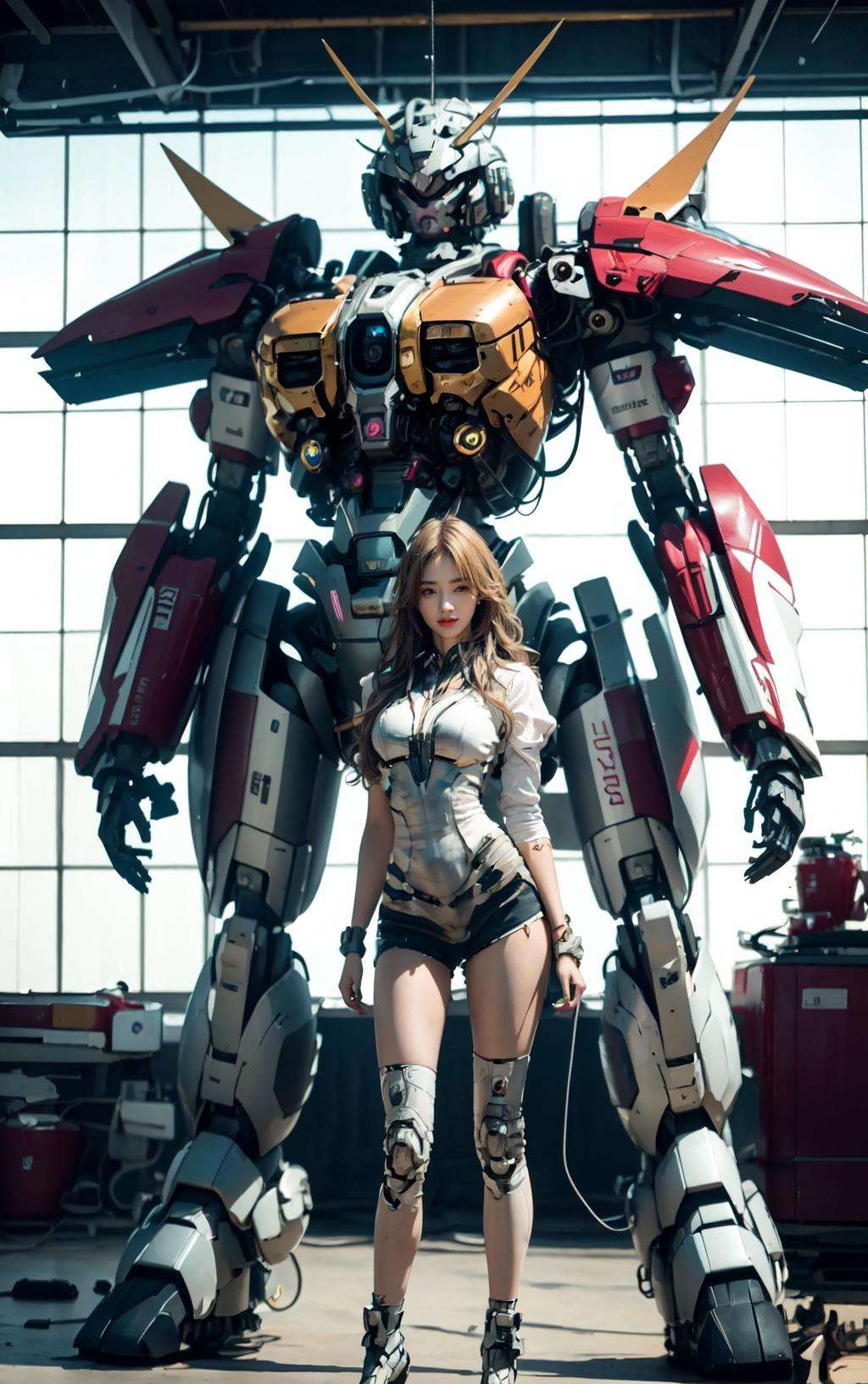 masterpiece,(best quality:1.3),ultra high res,raw photo,detailed skin,beautiful lighting,(realistic, photo-realistic:1.4),1girl,<lora:SuperMechaV5:1>,full body,The background is a mecha,