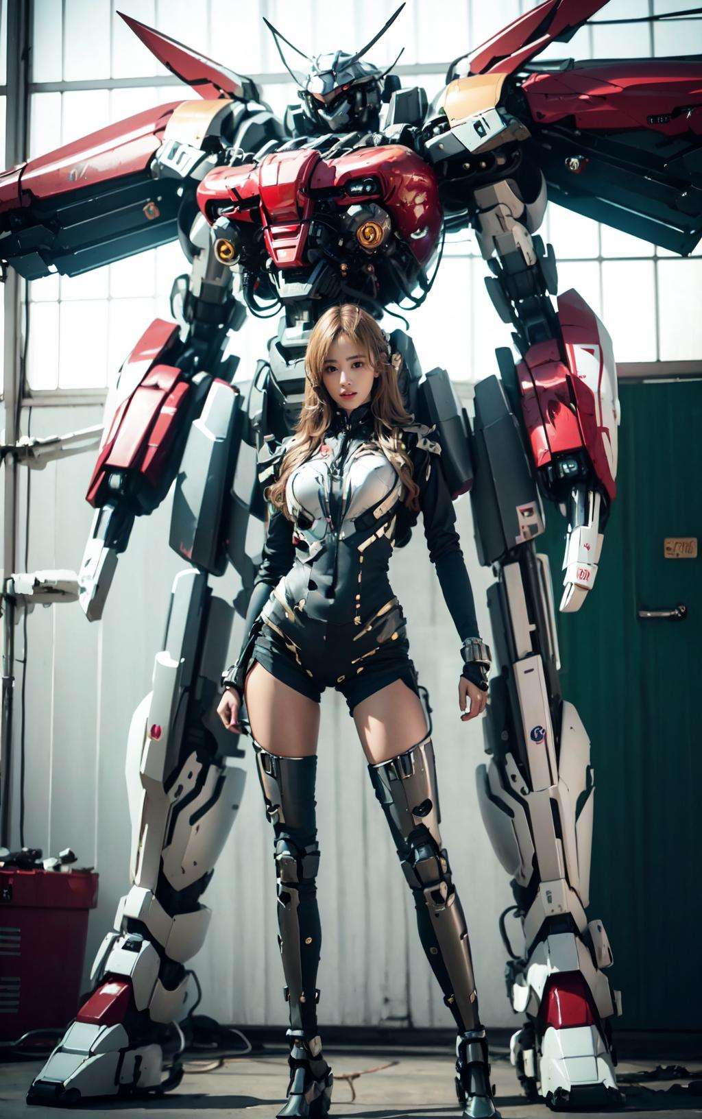 masterpiece,(best quality:1.3),ultra high res,raw photo,detailed skin,beautiful lighting,(realistic, photo-realistic:1.4),1girl,<lora:SuperMechaV5:1>,full body,The background is a mecha,