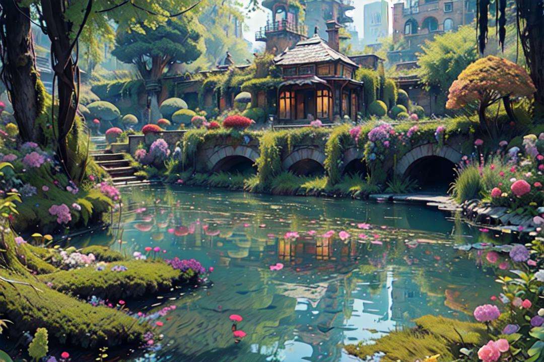 masterpiece,(best quality:1.3),<lora:FantasyWorldV1:1>,fantasy_world,dense plants,colorful flowers,Beautiful lake,
