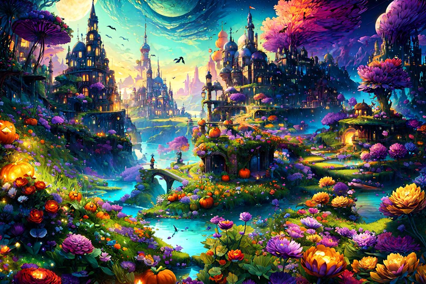 masterpiece,(best quality:1.3),<lora:FantasyWorldV1:1>,fantasy_world,dense plants,colorful flowers,Beautiful lake,Night,Halloween,Crow,