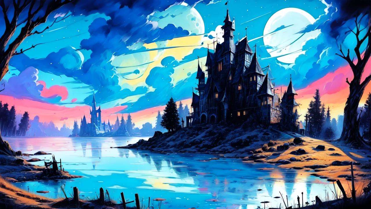 masterpiece,(best quality:1.3),<lora:FantasyNightV1:1>,fantasy_night,Castle Moon,Lake,
