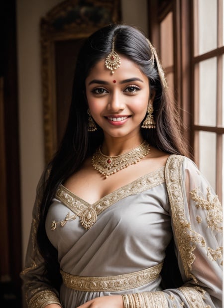 dramatic cinematic light, Renaissance, cluttered room, portrait of a beautiful Indian woman wearing a armored dress, grey dress, detailed skin imperfections, smile of a disney princess