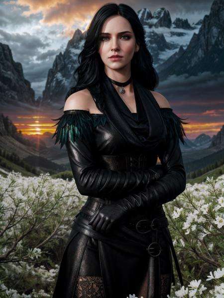 talojiyennefer wearing (dlcoutfit) standing in a beautiful forest, beautiful white flowers in the background, a mountain range in the background, (dark weather, sunset:1.2), cinematic lighting, wallpaper, intricate, intricately detailed face and eyes, sharp focus, masterpiece, ultra detailed, hyperdetailed, ultra realistic, skin details, high quality, top quality, best quality, 4k, 8k, hdr <lora:talojiyennefer:0.58> <lora:more_details:0.18> <lora:epi_noiseoffset2:0.4>