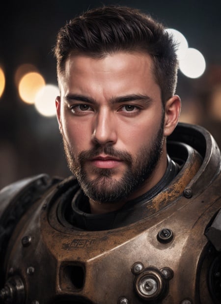 close up Portrait photo of muscular bearded guy in a worn mech suit, ((light bokeh)), intricate, (steel metal [rust]), elegant, sharp focus, photo by greg rutkowski, soft lighting, vibrant colors, masterpiece, ((streets)), detailed face