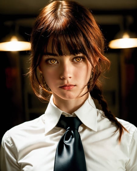 masterpiece, (photorealistic:1.4), best quality, beautiful lighting, makima \(chainsaw man\), 1girl, (red hair)+(long braided hair)+(bangs), yellow eyes, golden eyes, ((ringed eyes)), (white shirt), (necktie), RAW photo, 8k uhd, ((film grain)) <lora:makima_offset:1>