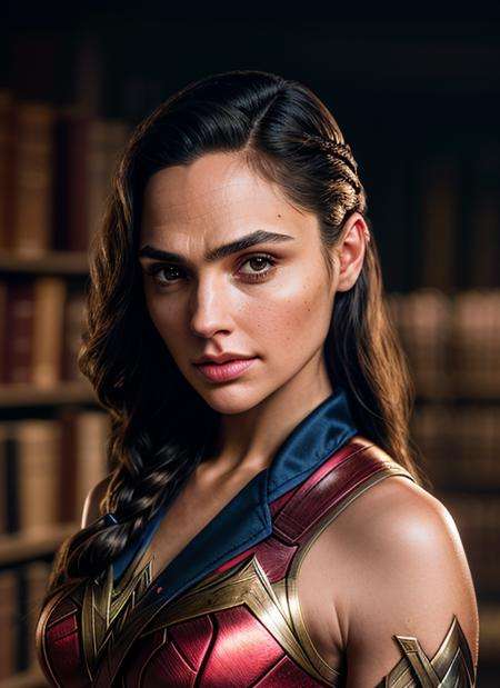 portrait of skswoman, :q , wearing workwear , with Side braid , background haunted library epic (photo, studio lighting, hard light, sony a7, 50 mm, matte skin, pores, colors, hyperdetailed, hyperrealistic), <lyco:Gal GadotV2:1.0>