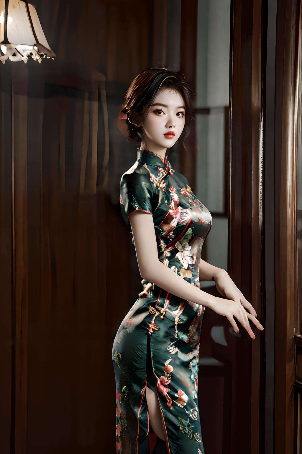 masterpiece,(best quality:1.3),ultra high res,raw photo,detailed skin,beautiful lighting,(realistic, photo-realistic:1.4),1girl,<lora:qipaoV1:1>,qipao,