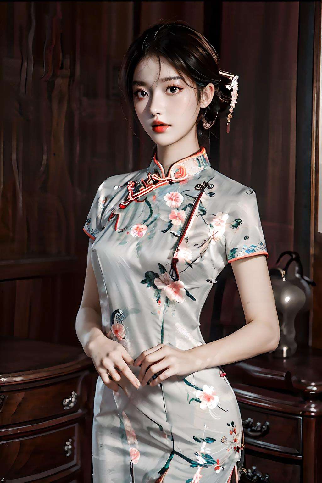 masterpiece,(best quality:1.3),ultra high res,raw photo,detailed skin,beautiful lighting,(realistic, photo-realistic:1.4),1girl,<lora:qipaoV1:1>,qipao,