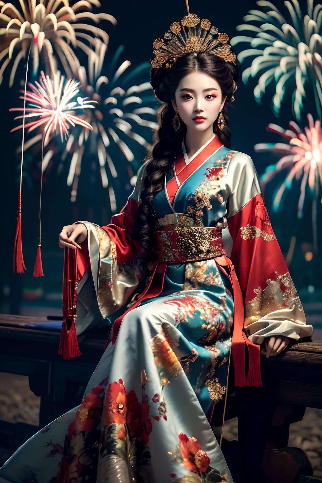 masterpiece,(best quality:1.3),ultra high res,raw photo,detailed skin,beautiful lighting,(realistic, photo-realistic:1.4),1girl,<lora:ChinaOperaV1:0.8>,guofeng,full body,(Fireworks background:1.2),