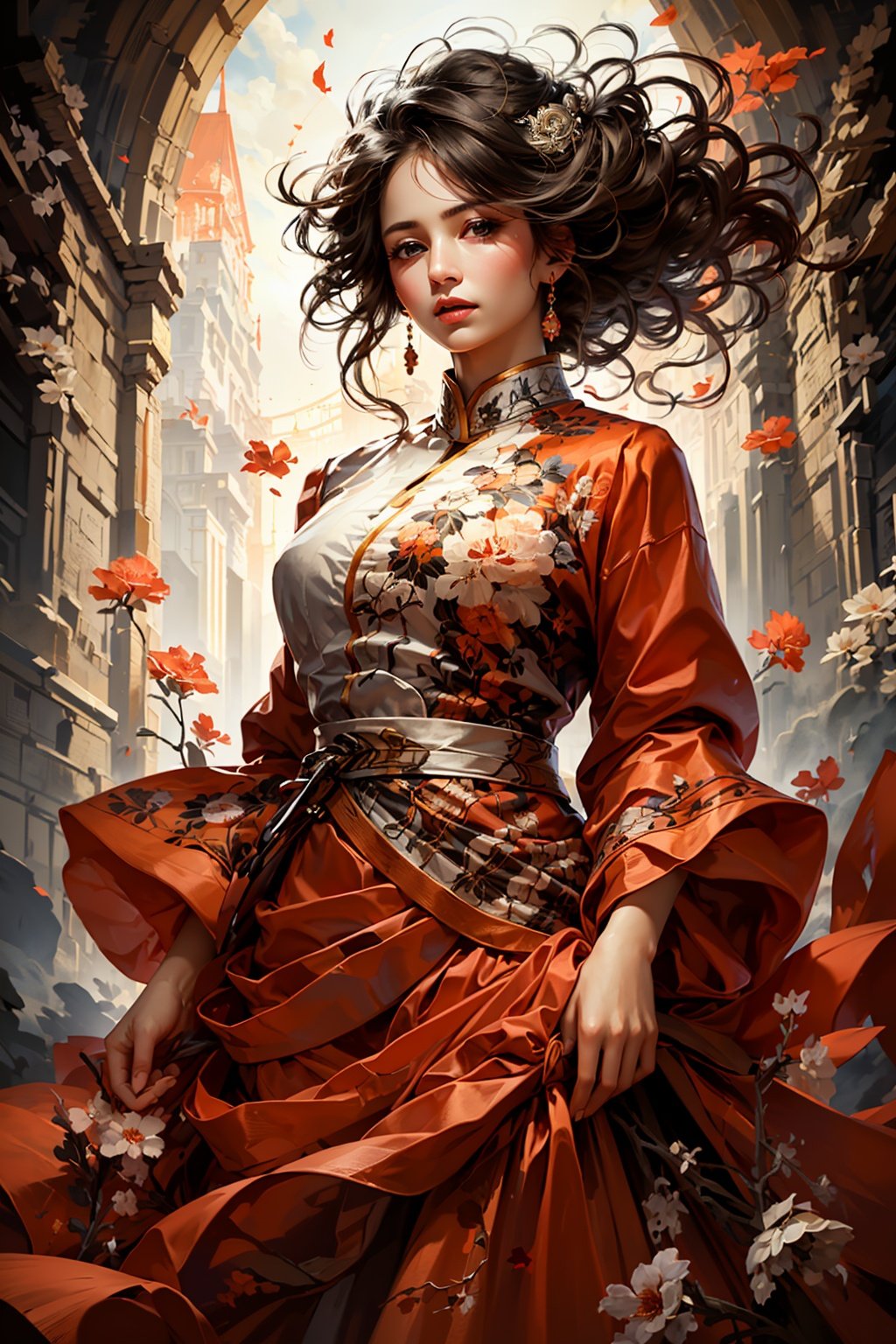 bj elegant,1girl,solo,Red clothes,long hair,looking at viewer,flower,wind,realistic,cinematic lighting,strong contrast,high level of detail,Best quality,masterpiece,White background,Intricate pattern,Ornate decoration,<lora:elegant:0.7>,