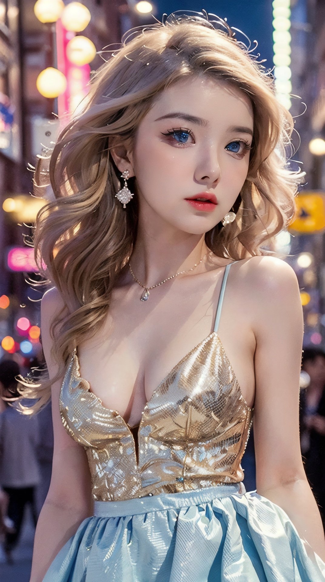 1girl,solo,gold hair,portrait,earrings,jewelry,looking at viewer,realistic,blue eyes,long hair,shy,blush,cowboy shot,Shopping Street,(Night),((neon trim)),neon lights,complete with a full skirt and petticoat,and neon signs. Her eyes should be sparkling with excitement,her skin flawless and glowing under the soft,dramatic lighting. This scene should be captured on 35mm film,with a beautiful depth of field and a slightly blurry,nostalgic background. film portrait photography,35mm film,filmg,<lora:Asianface_v1.0:0.7>,princess dress,bling,Street Shooting,