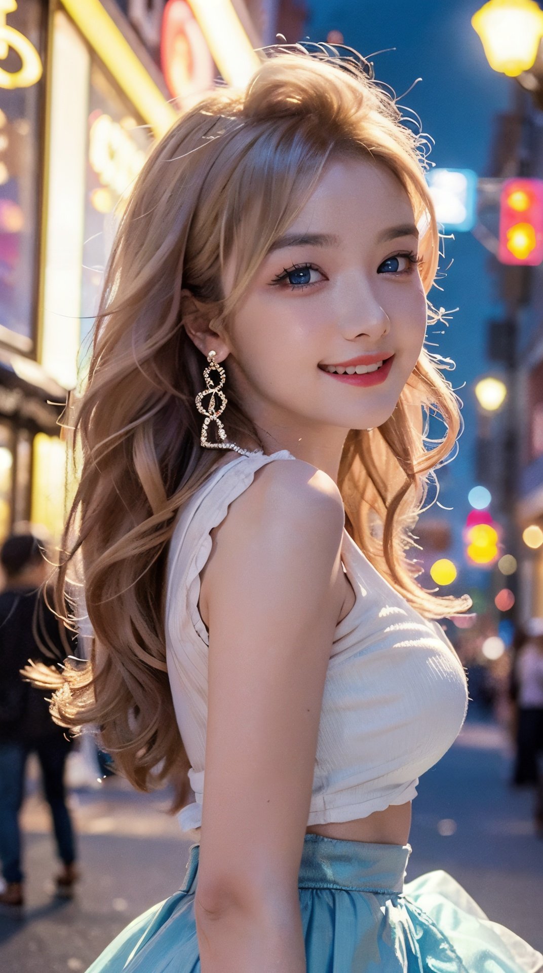 1girl,solo,gold hair,portrait,earrings,jewelry,looking at viewer,realistic,blue eyes,long hair,crazy laugh,cowboy shot,Shopping Street,(Night),((neon trim)),neon lights,complete with a full skirt and petticoat,and neon signs. Her eyes should be sparkling with excitement,her skin flawless and glowing under the soft,dramatic lighting. This scene should be captured on 35mm film,with a beautiful depth of field and a slightly blurry,nostalgic background. film portrait photography,35mm film,filmg,<lora:Asianface_v1.0:0.7>,