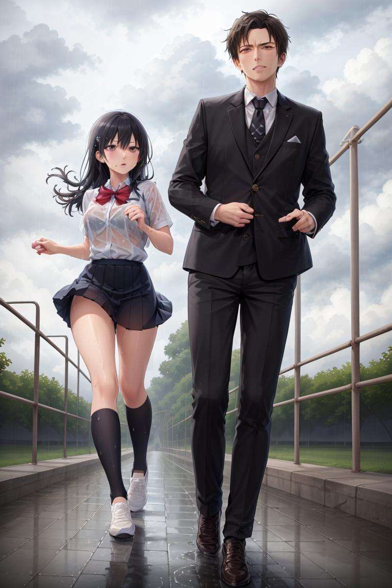 ((masterpiece,best quality, detailed)), ultra-detailed, detailed hair, hard rim lighting,((dramatic lighting)),sharp focus,full body,father,1girl,1BOY,girl in school uniform, boy in business_suit,running,see-through, rain,wet, shoes, wet clothes, black hair, sky,