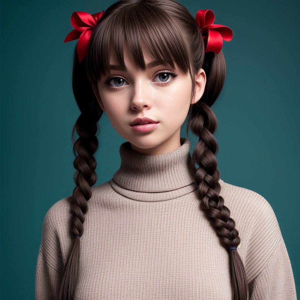 1girl, tohsaka rin, solo, long hair, sweater, red sweater, looking at viewer, blue background, black hair, simple background, two side up, turtleneck, blue eyes, lips, closed mouth, ribbon, hair ribbon, bangs, turtleneck sweater, upper body, parted bangs, black ribbon, ribbed sweater, twintails, nose,cartoon ,real,dark studio,3DMM,nsfw,nipples