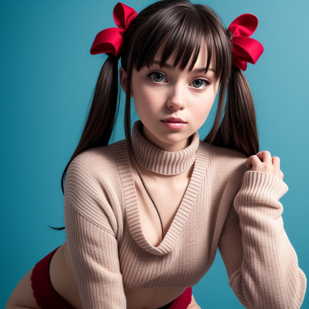 1girl, tohsaka rin, solo, long hair, sweater, red sweater, looking at viewer, blue background, black hair, simple background, two side up, turtleneck, blue eyes, lips, closed mouth, ribbon, hair ribbon, bangs, turtleneck sweater, upper body, parted bangs, black ribbon, ribbed sweater, twintails, nose,cartoon ,real,dark studio,3DMM,nsfw,nipples,arms behind head,all-fours