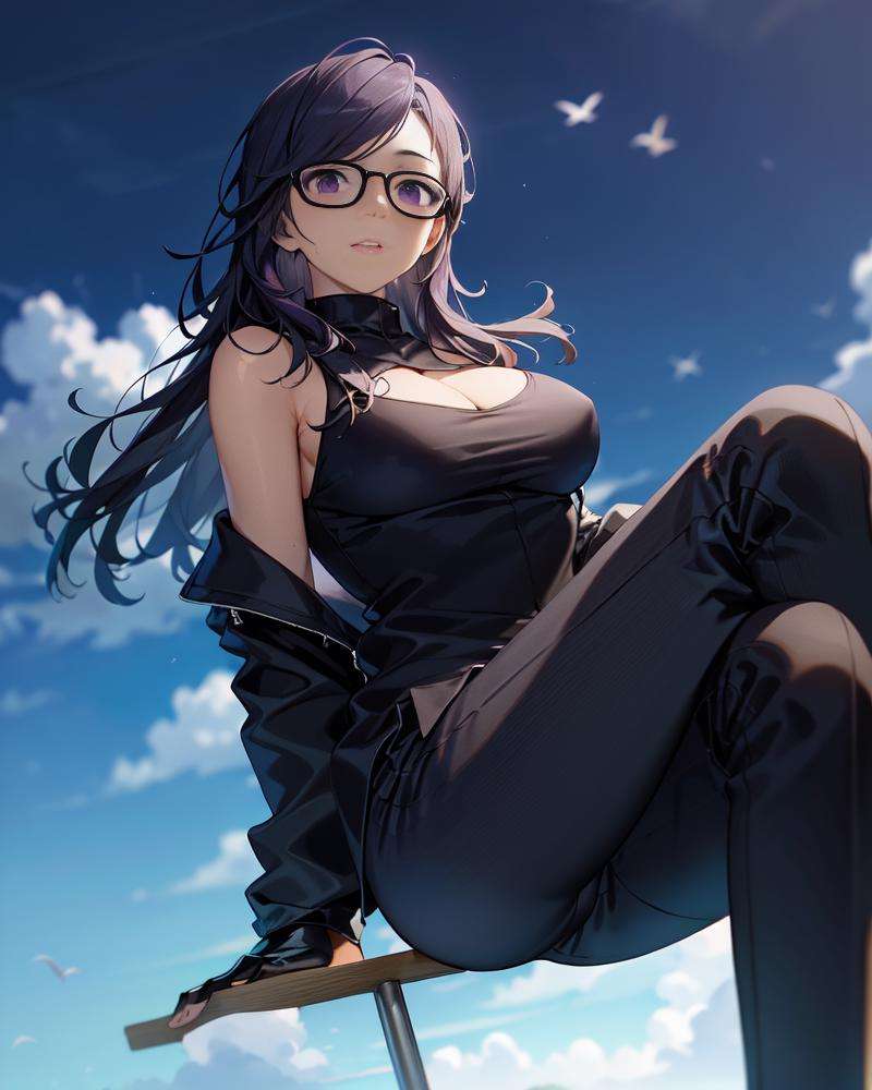 ((masterpiece,best quality, detailed)), ultra-detailed, detailed hair, hard rim lighting,((dramatic lighting)),sharp focus,minakatahizuru, 1girl, purple eyes,(black-framed eyewear:1.3),large breasts,from below, clothing cutout,cleavage cutout, pants, gloves, black gloves, sky, sitting, open clothes, jacket, black footwear, bird, open jacket, cloud, holding, day, breasts, black jacket, shirt, blue sky,outdoors, black pants, suit, formal, long sleeves, crossed legs,black shirt, bangs, arm support, <lora:2脱内裤pantyPullPantyDrop_pantypullPantydropV1:1>