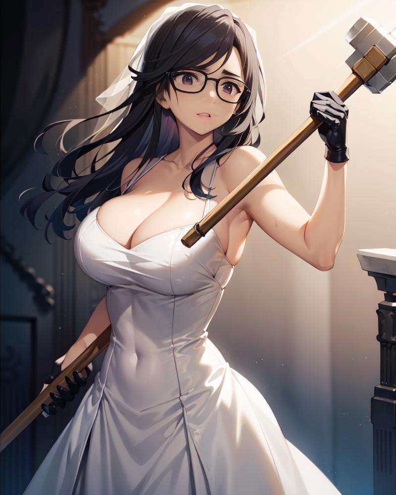 ((masterpiece,best quality, detailed)), ultra-detailed, detailed hair, hard rim lighting,((dramatic lighting)),sharp focus,minakatahizuru, 1girl, black eyes,wedding dress, huge breasts, standing,holding hammer