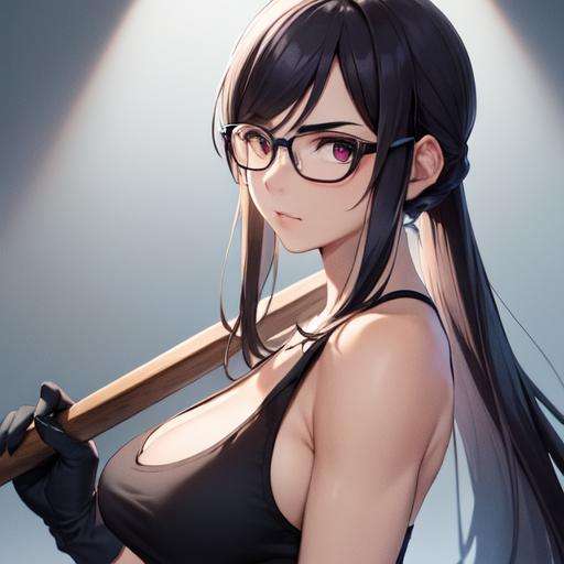 ((masterpiece,best quality, detailed)), ultra-detailed, detailed hair, hard rim lighting,((dramatic lighting)),sharp focus,minakatahizuru, 1girl, solo, gloves, black gloves, tank top, holding, breasts, hammer, crop top, black-framed eyewear, weapon, holding hammer, black tank top, bangs, upper body, muscular female, holding weapon, looking at viewer, large breasts