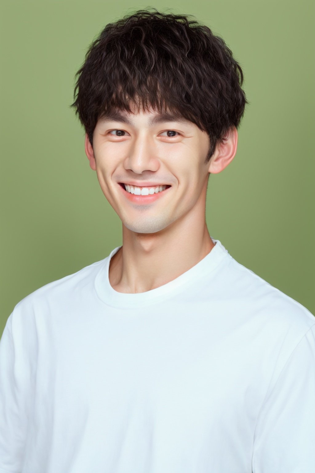 ID photo, a boy, solo, upper body, a short-haired man in a white shirt and red tie. She smiles at the camera, light green solid background, blue_IDphoto