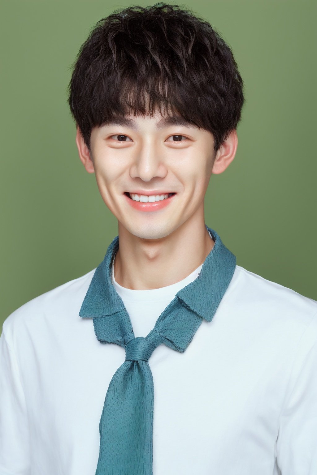 ID photo, a boy, solo, upper body, a short-haired man in a white shirt and red tie. She smiles at the camera, light green solid background, blue_IDphoto,真实,blue_IDphoto,照片