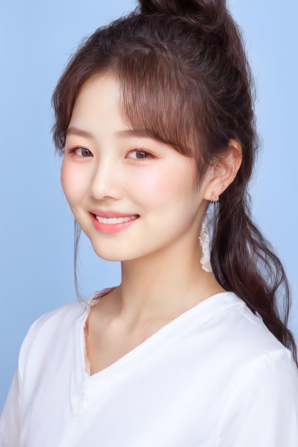 ID photo, (a 5-year-old girl: 1.5), solo, upper body, ponytail, (big watery eyes: 2.0), (chubby face: 1.5), (beauty mole: 1.5), white shirt, peach blossom, tender skin, she smiles at the camera, (pink solid background: 1.5), cute blue_IDphoto