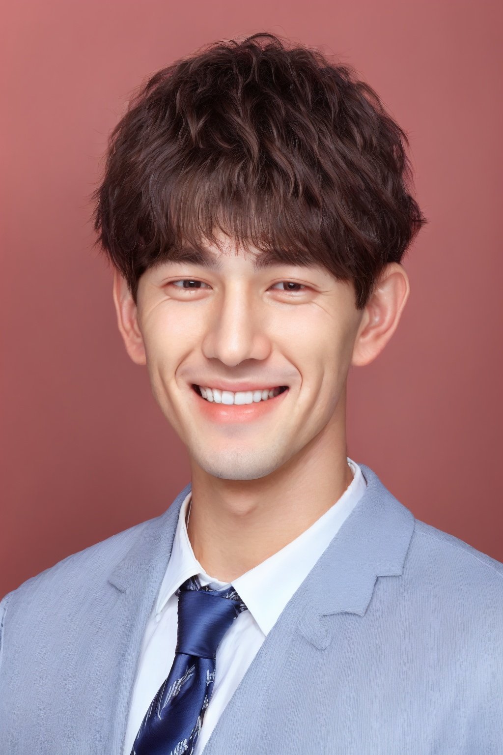 ID photo, (a boy:1.5), solo, upper body, a short-haired man in a suit, beard, red tie. She smiles at the camera, (red solid background: 1.5), blue_IDphoto