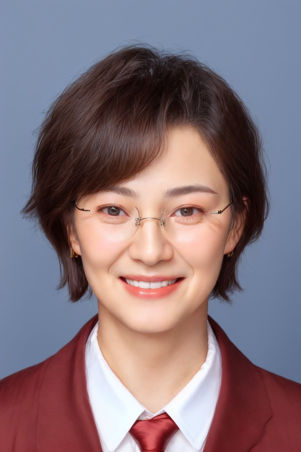 ID photo, (an old man: 1.5), solo, upper body, a short-haired old man in a suit, glasses, (long beard: 1.5), red tie. She smiles at the camera, (red solid background: 1.5), blue_IDphoto