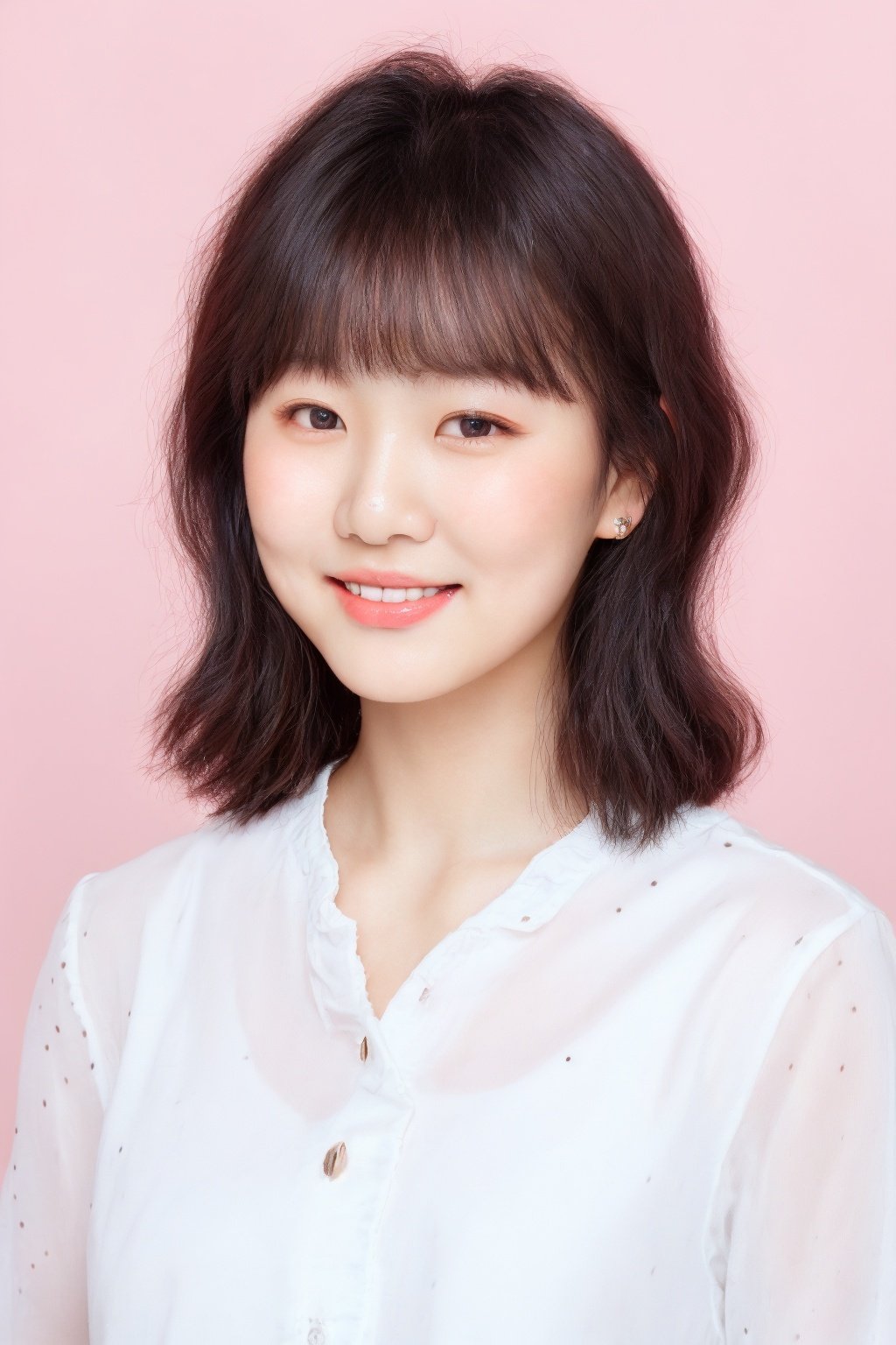 ID photo, (a 5-year-old girl: 1.5), solo, upper body, an Asian girl with short white hair, (blue eyes: 2.0) ' (chubby face: 1.5), (beauty mole: 1.5), white shirt, peach blossom, tender skin, she smiles at the camera, (pink solid background: 1.5), blue_IDphoto