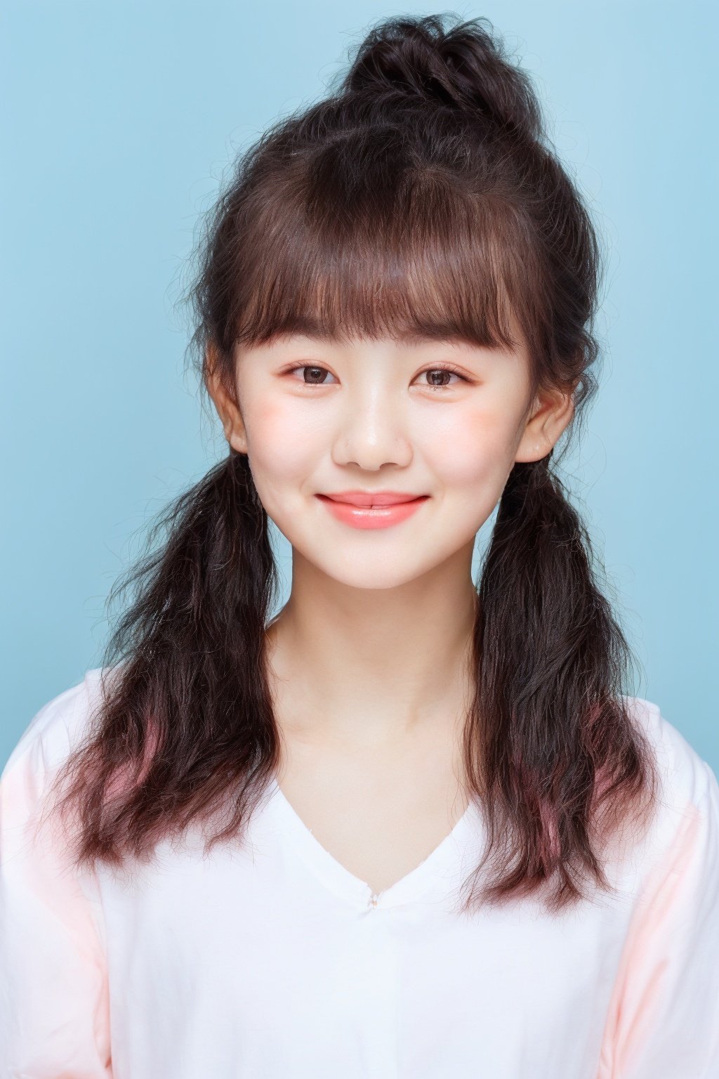 ID photo, (a 5-year-old girl: 1.5), solo, upper body, ponytail, (big watery eyes: 2.0), (chubby face: 1.5), (beauty mole: 1.5), white shirt, peach blossom, tender skin, she smiles at the camera, (pink solid background: 1.5), cute blue_IDphoto