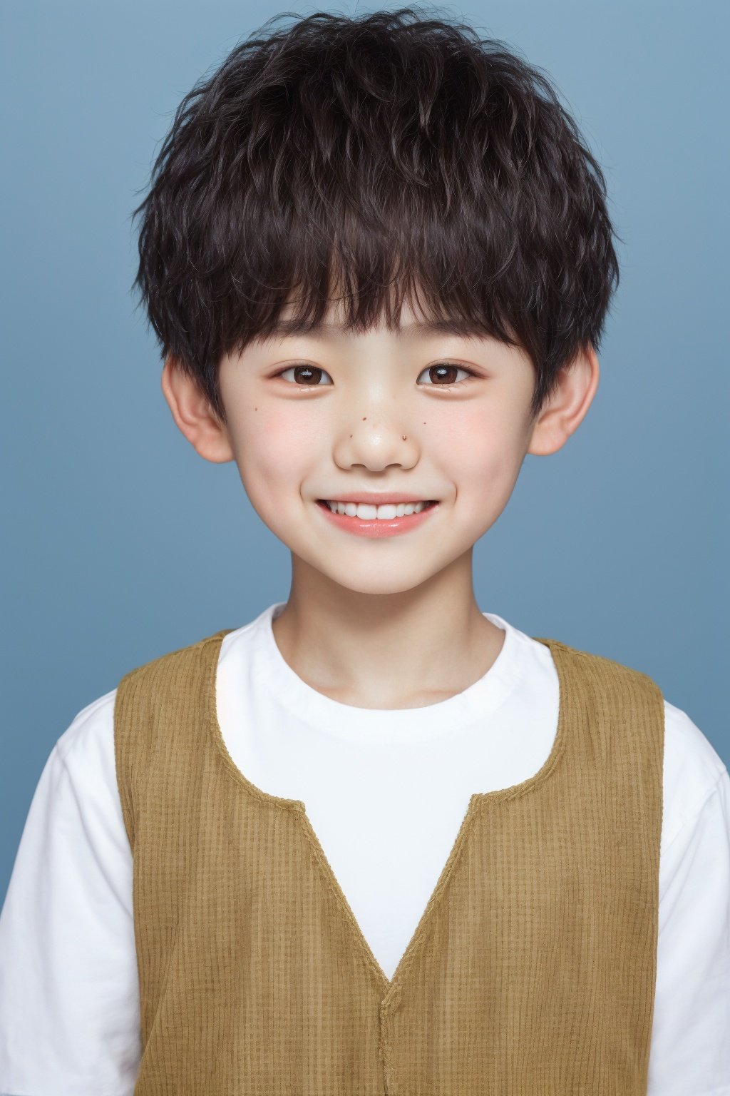 ID photo, (a 5-year-old boy: 1.5), solo, upper body, a small Asian boy with short hair, chubby, (beauty mole: 1.5), plaid vest. He smiles at the camera, (yellow solid background: 1.5), blue_IDphoto