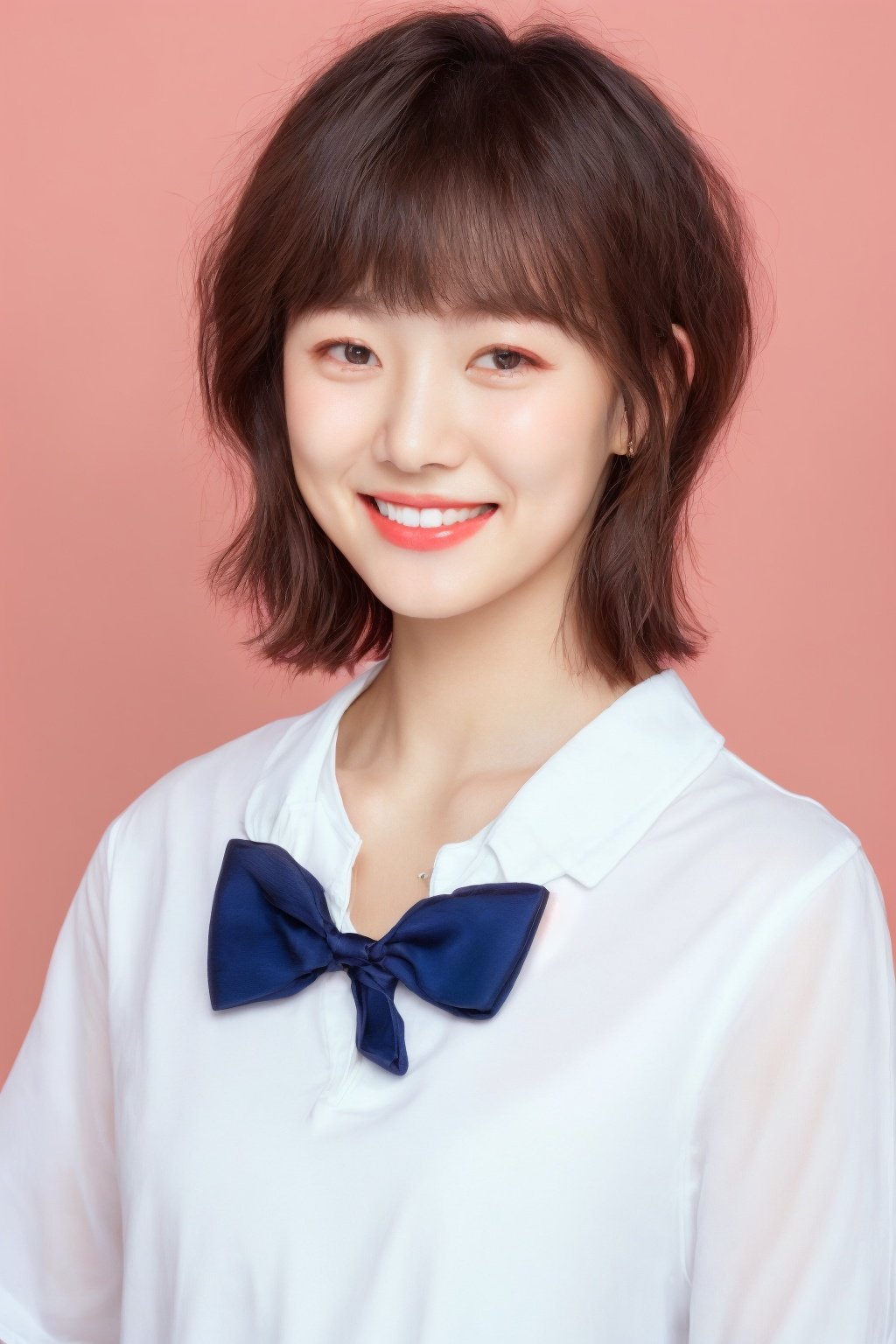 ID photo, a boy,solo,upper body,a short-haired woman wearing a white shirt and red tie. She smiles at the camera, light green solid background,blue_IDphoto