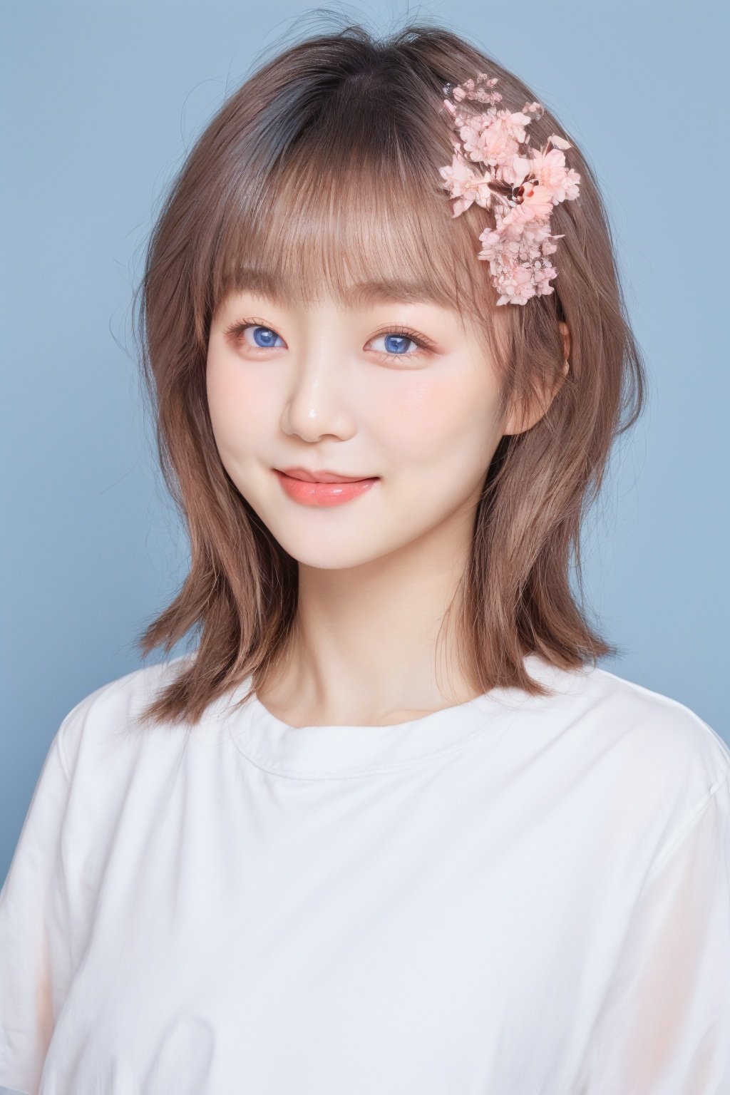ID photo, (a 2-year-old baby: 1.5), solo, upper body, an Asian girl, with short white hair, (blue eyes: 2.0) ' (chubby face: 1.5), (beauty mole: 1.5), white shirt, peach blossom, tender skin, she smiles at the camera, (pink solid background: 1.5), blue_IDphoto,1girl