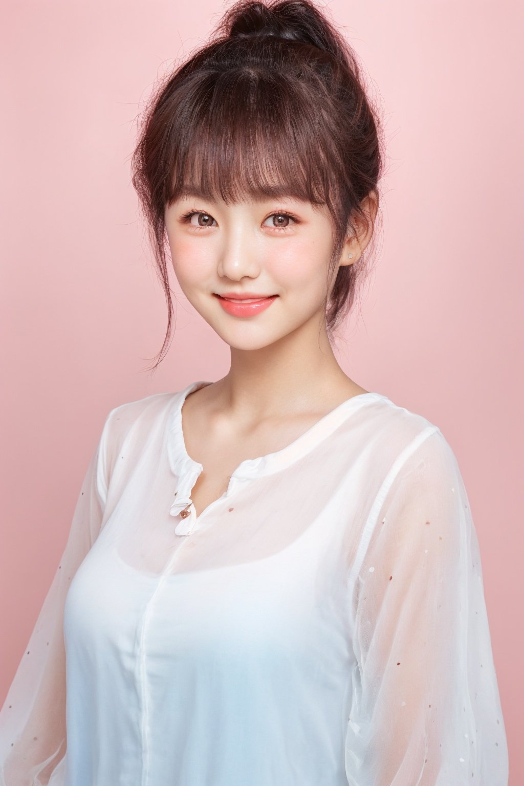 ID photo, (a 5-year-old girl: 1.5), solo, upper body, ponytail, (big watery eyes: 2.0), (chubby face: 1.5), (beauty mole: 1.5), white shirt, peach blossom, tender skin, she smiles at the camera, (pink solid background: 1.5), cute blue_IDphoto