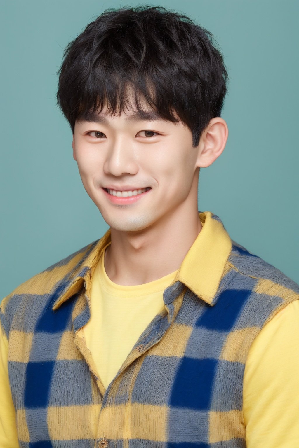 ID photo, (a 5-year-old boy: 1.5), solo, upper body, a small Asian boy with short hair, (red eyes: 2.0) ' (chubby face: 1.5), (beauty mole: 1.5), plaid Small vest with a peach blossom-like face and supple skin, he smiles at the camera, (yellow solid background: 1.5), blue_IDphoto