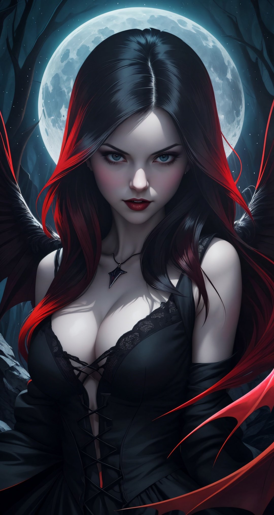 (digital illustration:1.2) of a captivating and alluring female vampire, mesmerizing gaze, pale porcelain skin, long flowing raven-black hair, cleavage, subdued surroundings to enhance the focus on the vampire, red hair, pale skin, (vector art:1.2), stanleylau style,([Adrianne Palicki|Nina Dobrev|Victoria Justice]:0.8),dramatic lighting casting captivating shadows, red accents, subtle fangs, translucent wings, moonlit backdrop, mysterious aura, rich color palette, closeup, centered, looking at viewer,sinister charm, ethereal atmosphere, mystical, gothic art style, subtle hints of danger, sublime presence, delicate brushstrokes, evocative composition,in the style of Victoria Francs, best quality, masterpiece, detailed, 8K, highly detailed, 